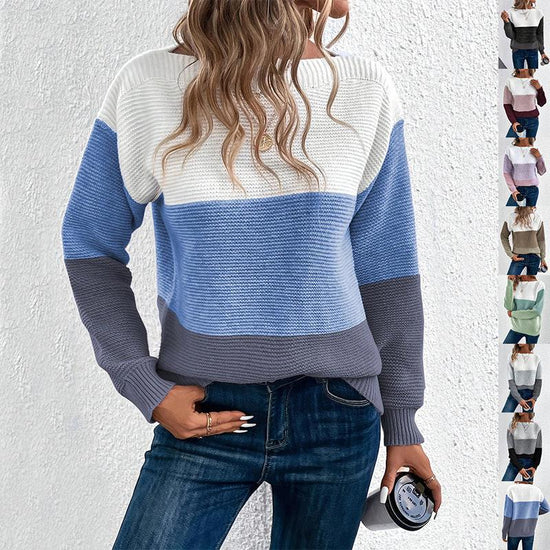 Round Neck Splicing Knit Sweater.