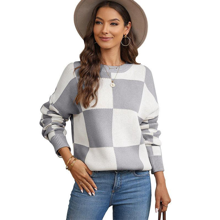 Thickened Pullover Women European And American Leisure Plaid Block Stitching Long Sleeve Sweater Women.