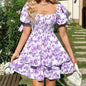 Women's Puff Sleeve Square Neck Smocked Dress Boho Floral Print Off Shoulder Ruffle Mini Short Dress