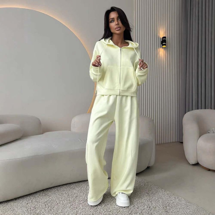 European And American Solid Color Long Sleeve Zipper Cardigan Hoodie Lace-up Trousers Two-piece Set.