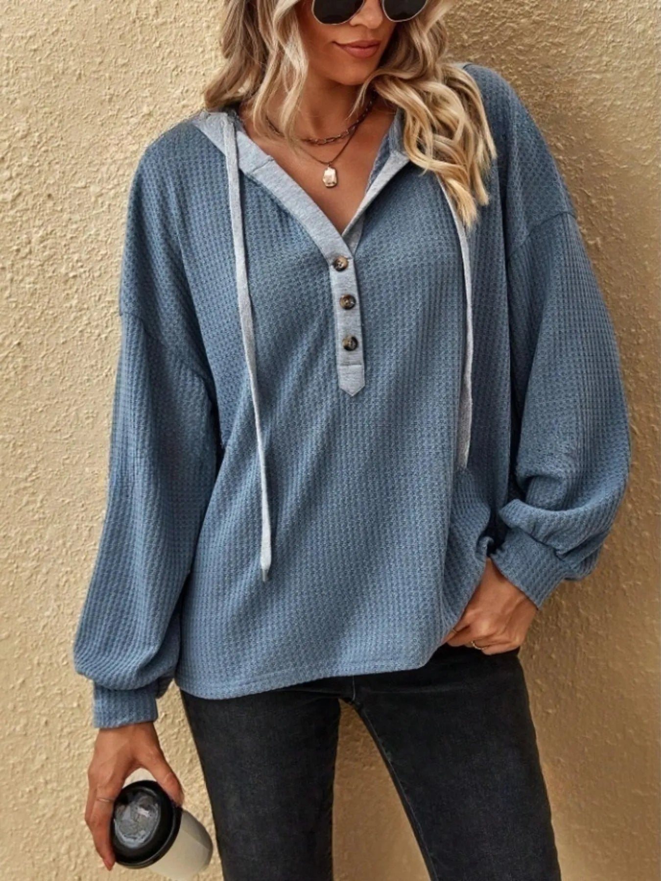 Drawstring Waffle Knit Hoodie.