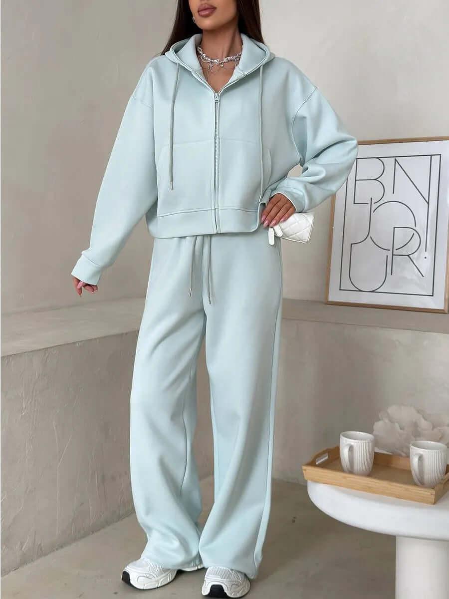 European And American Solid Color Long Sleeve Zipper Cardigan Hoodie Lace-up Trousers Two-piece Set.