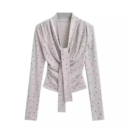 Women's Polka Dot Print Swing Collar Lace-up Long Sleeve