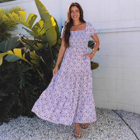 Fashion Smocking Printed Pocket Women's Dress