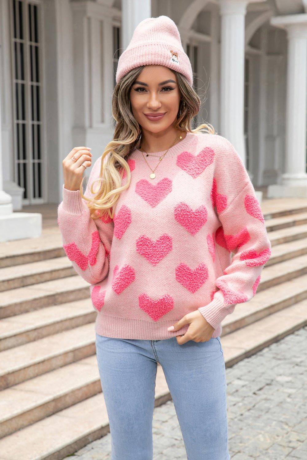 Angel Wings Round Neck Dropped Shoulder Sweater with Heart Pattern.