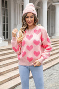 Angel Wings Round Neck Dropped Shoulder Sweater with Heart Pattern.