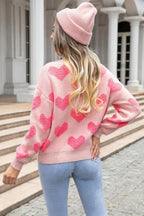 Angel Wings Round Neck Dropped Shoulder Sweater with Heart Pattern.
