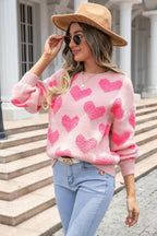 Angel Wings Round Neck Dropped Shoulder Sweater with Heart Pattern.