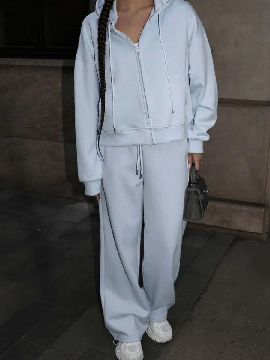 European And American Solid Color Long Sleeve Zipper Cardigan Hoodie Lace-up Trousers Two-piece Set.