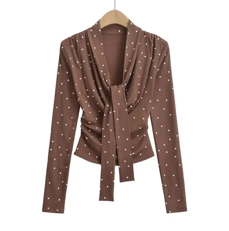 Women's Polka Dot Print Swing Collar Lace-up Long Sleeve