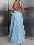 Backless Halter Neck Maxi Denim Dress.