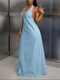 Backless Halter Neck Maxi Denim Dress.