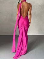 Backless One-Shoulder Ruched Bodycon Maxi Dress.
