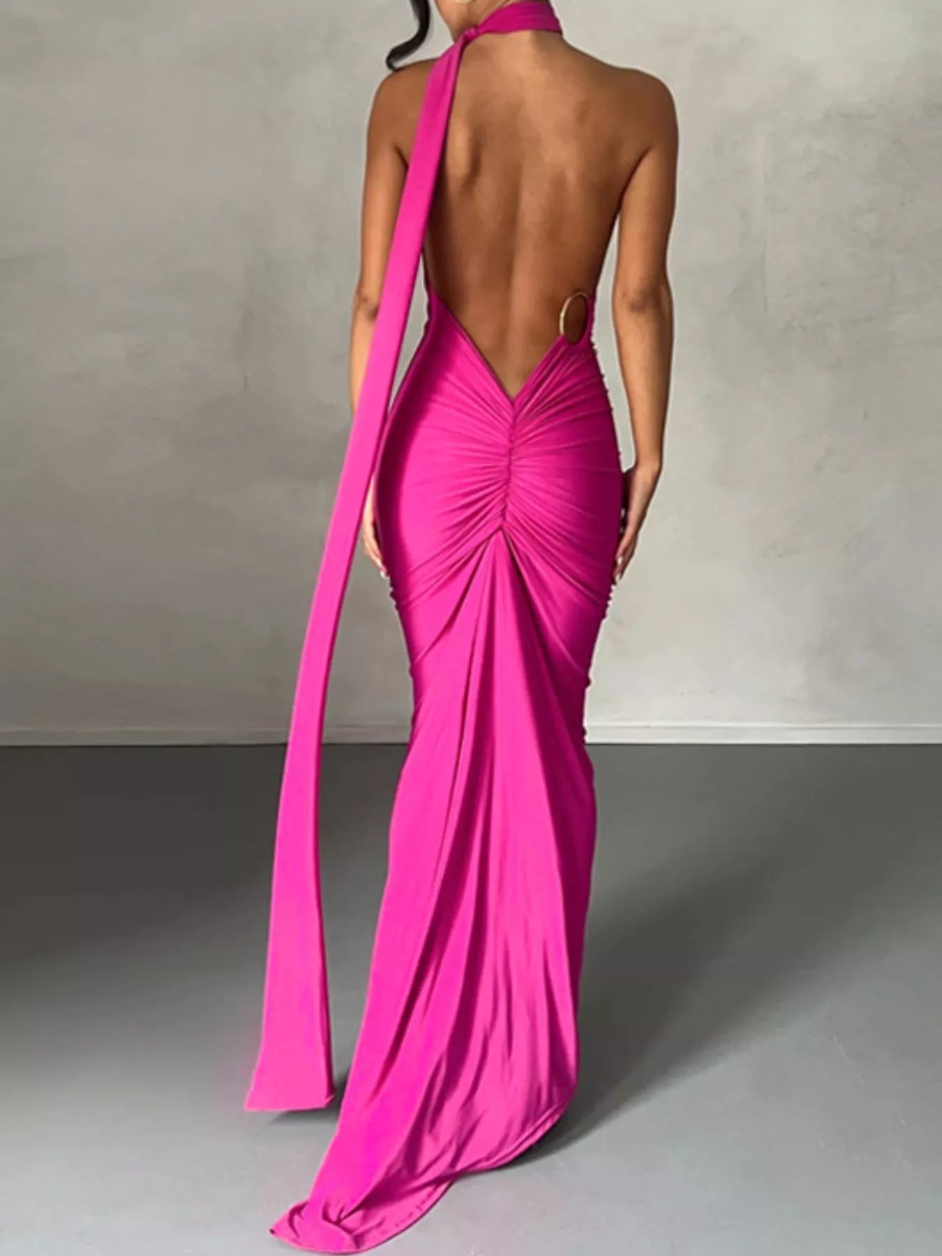 Backless One-Shoulder Ruched Bodycon Maxi Dress.