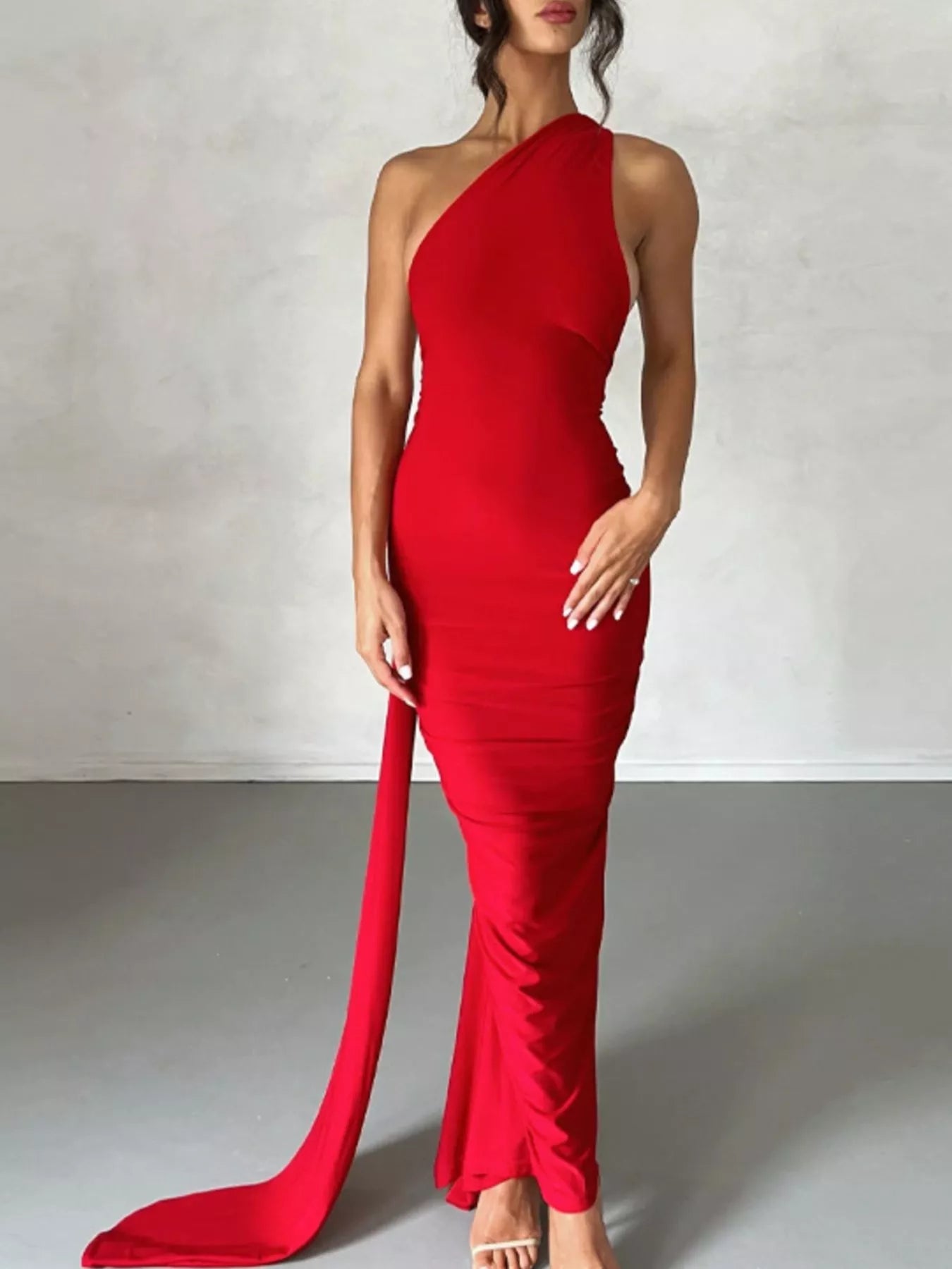 Backless One-Shoulder Ruched Bodycon Maxi Dress.