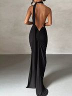 Backless One-Shoulder Ruched Bodycon Maxi Dress.