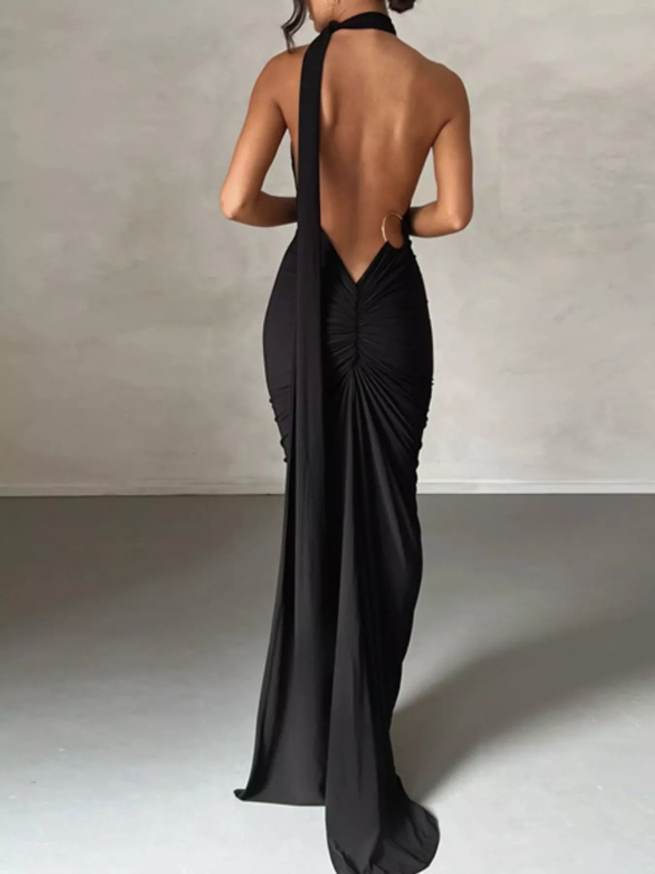 Backless One-Shoulder Ruched Bodycon Maxi Dress.