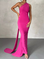 Backless One-Shoulder Ruched Bodycon Maxi Dress.