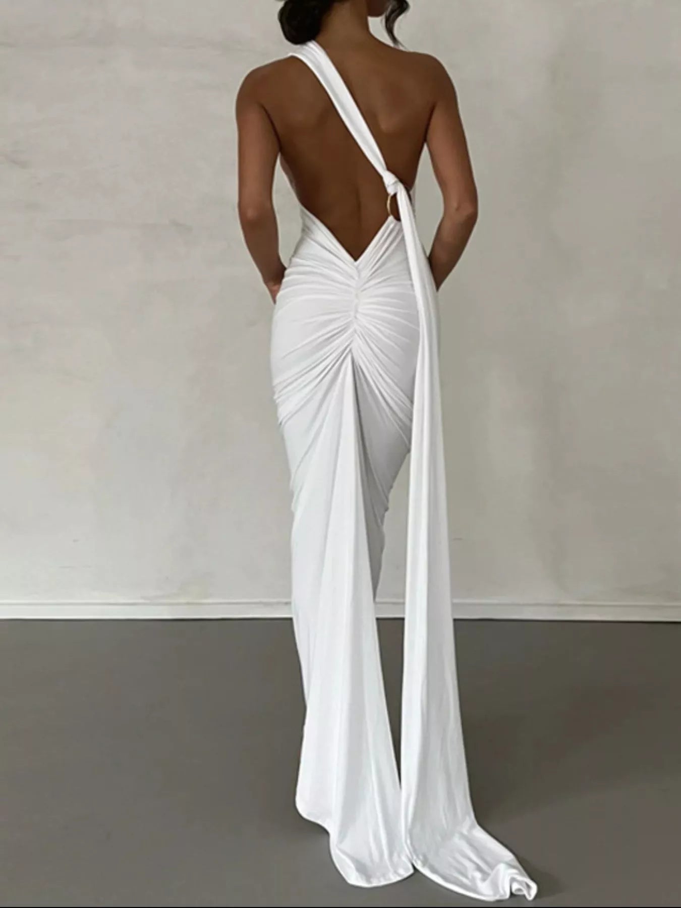 Backless One-Shoulder Ruched Bodycon Maxi Dress.