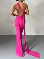 Backless One-Shoulder Ruched Bodycon Maxi Dress.