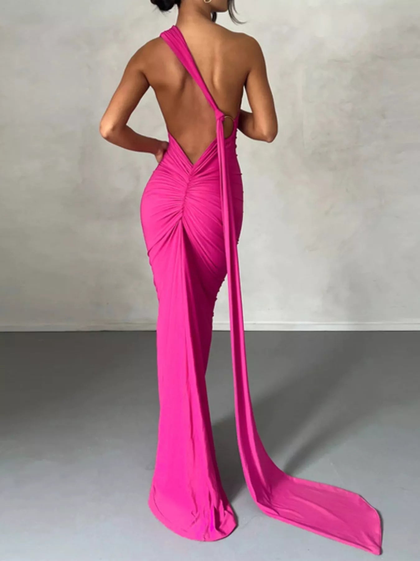 Backless One-Shoulder Ruched Bodycon Maxi Dress.