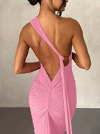 Backless One - Shoulder Ruched Bodycon Maxi Dress