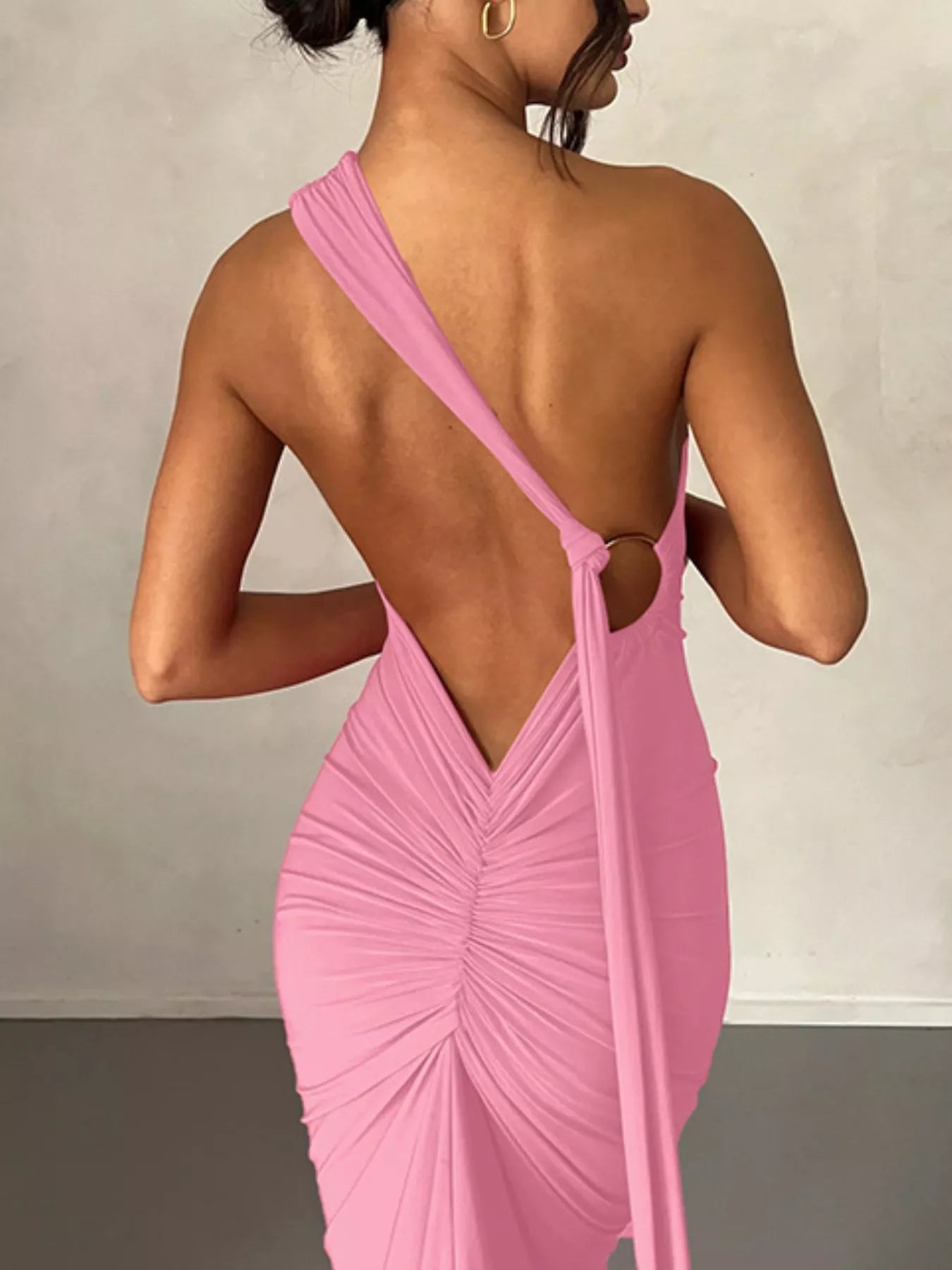 Backless One - Shoulder Ruched Bodycon Maxi Dress