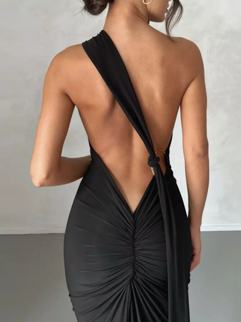 Backless One-Shoulder Ruched Bodycon Maxi Dress.
