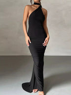Backless One-Shoulder Ruched Bodycon Maxi Dress.