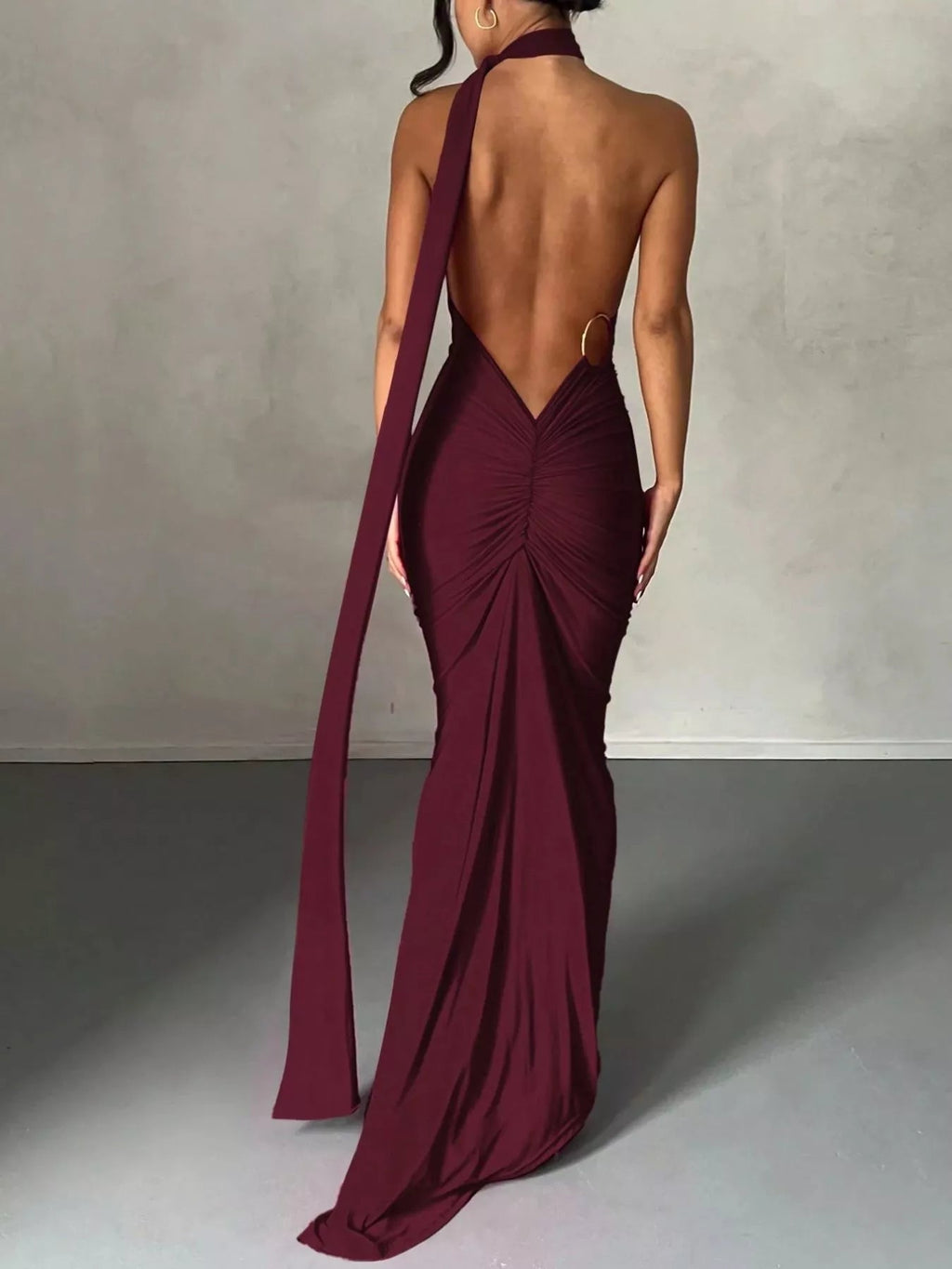 Backless One-Shoulder Ruched Bodycon Maxi Dress.