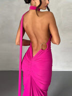 Backless One-Shoulder Ruched Bodycon Maxi Dress.