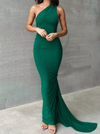 Backless One - Shoulder Ruched Bodycon Maxi Dress