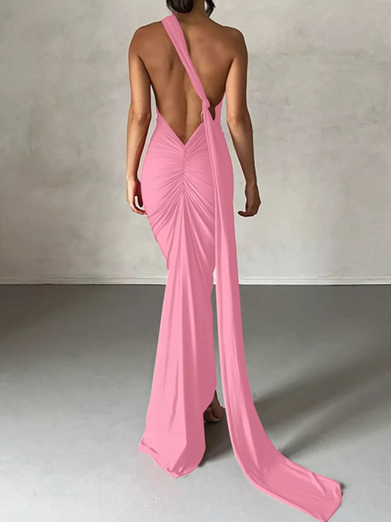 Backless One - Shoulder Ruched Bodycon Maxi Dress