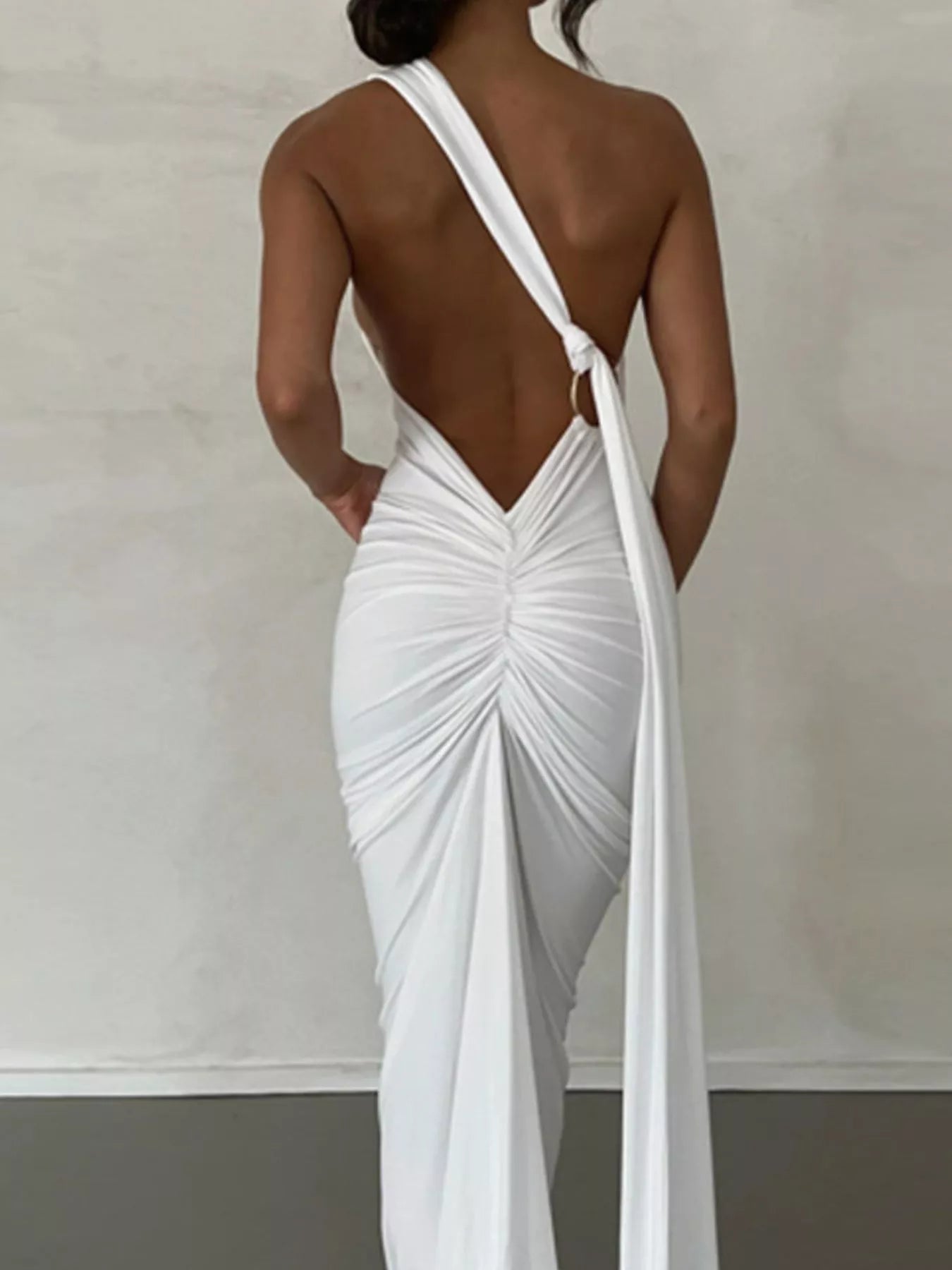 Backless One-Shoulder Ruched Bodycon Maxi Dress.