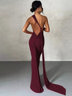 Backless One-Shoulder Ruched Bodycon Maxi Dress.
