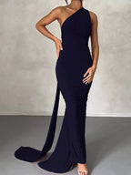 Backless One - Shoulder Ruched Bodycon Maxi Dress