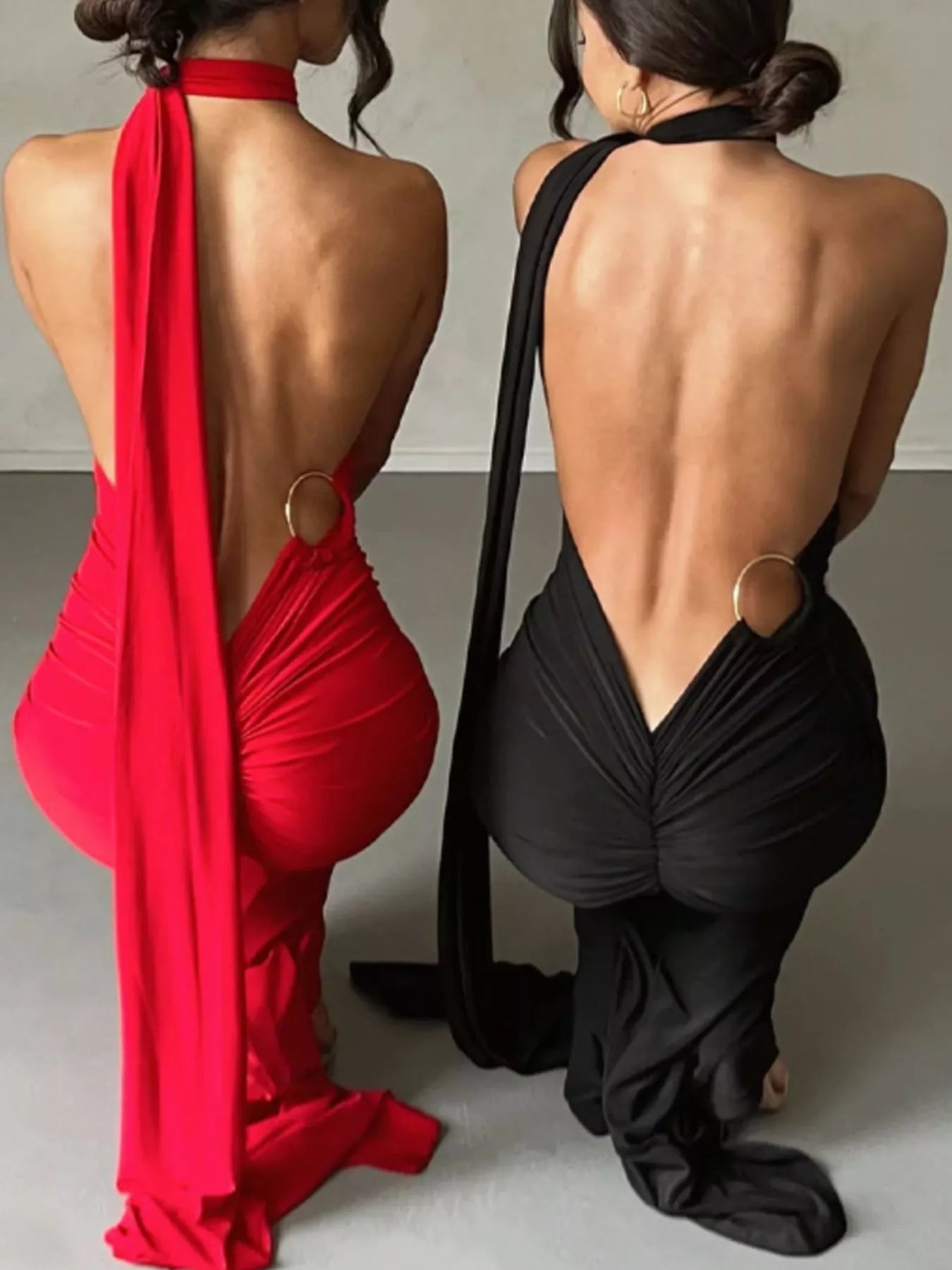 Backless One-Shoulder Ruched Bodycon Maxi Dress.
