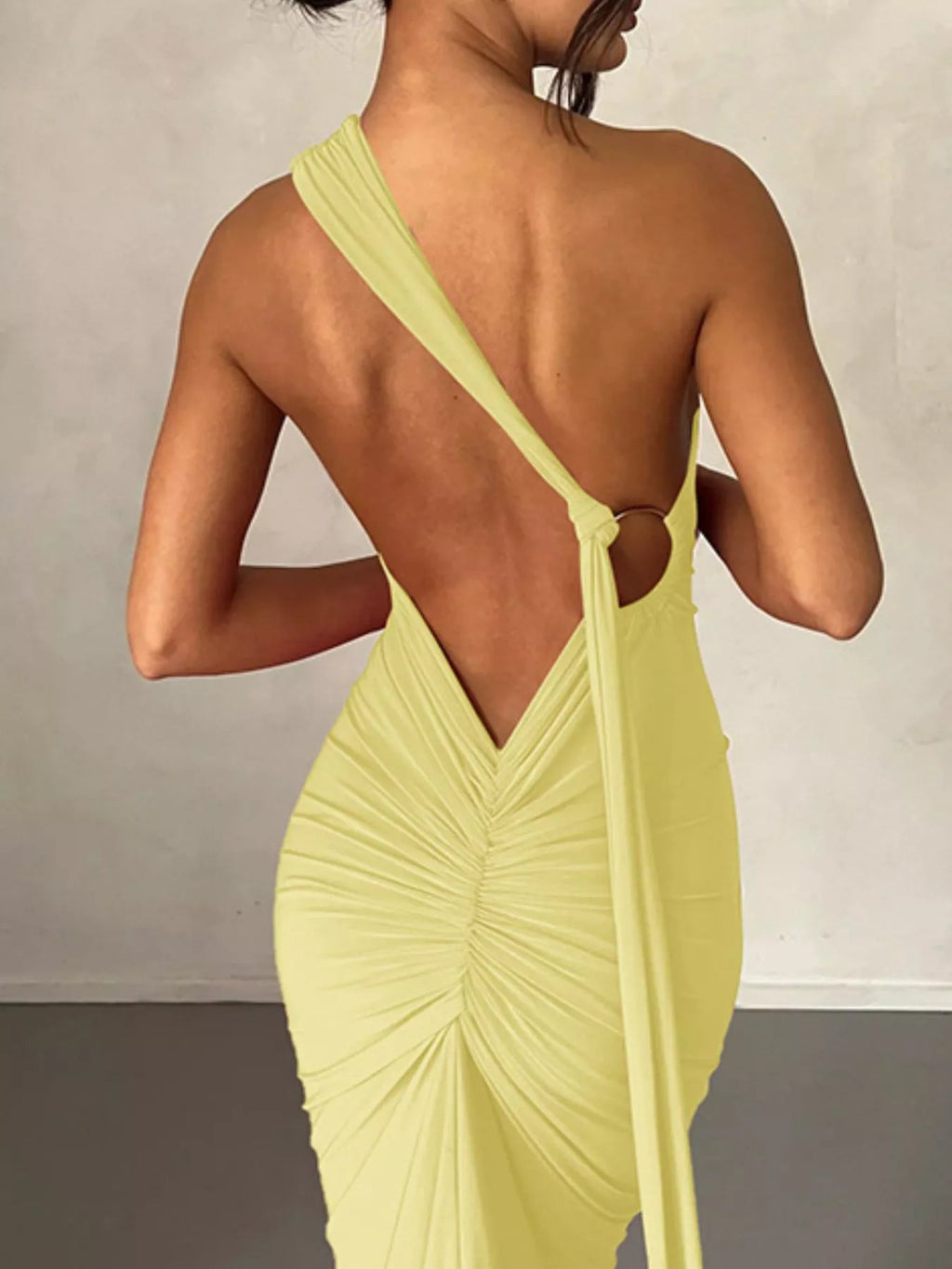 Backless One - Shoulder Ruched Bodycon Maxi Dress