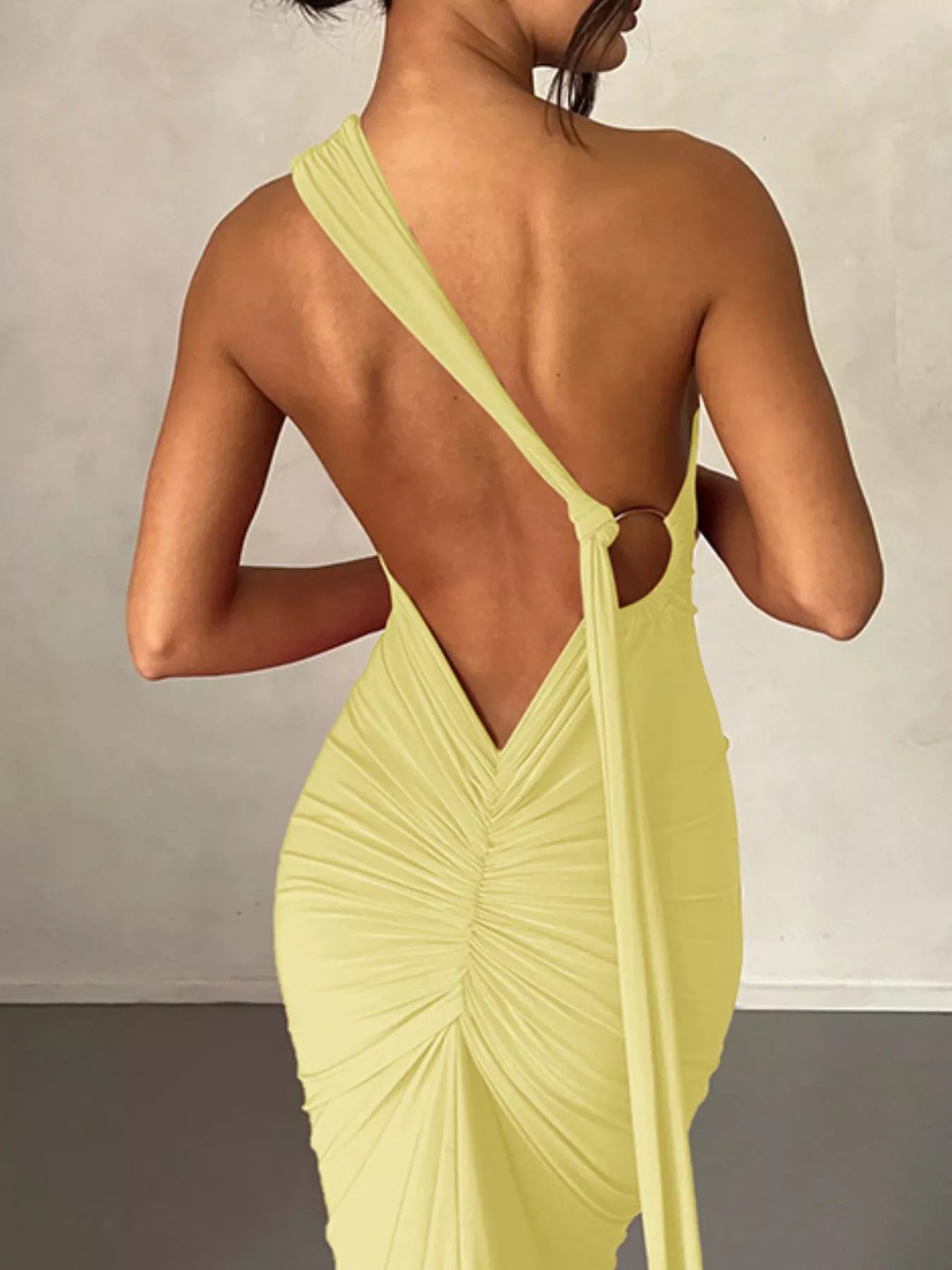 Backless One - Shoulder Ruched Bodycon Maxi Dress