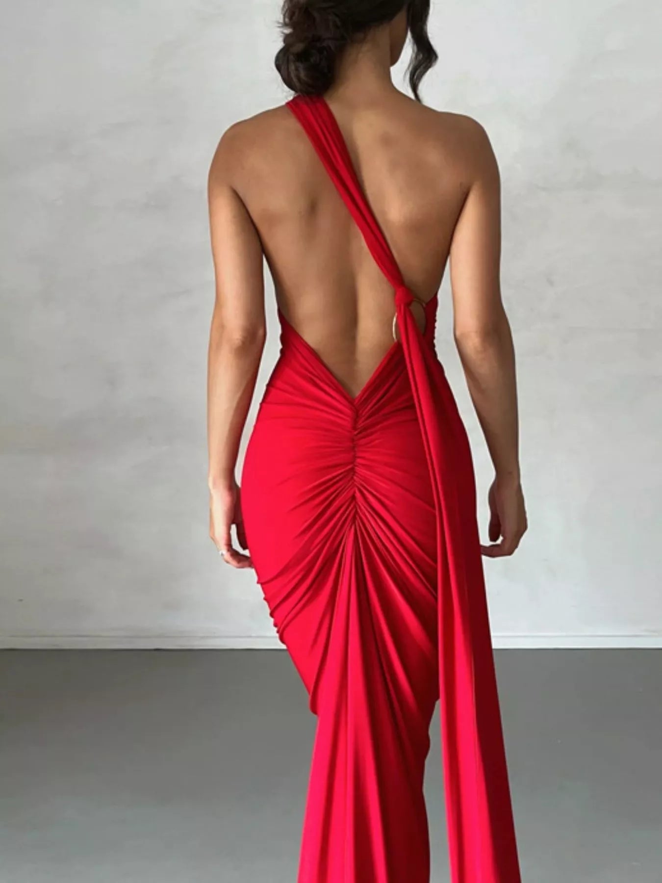 Backless One-Shoulder Ruched Bodycon Maxi Dress.