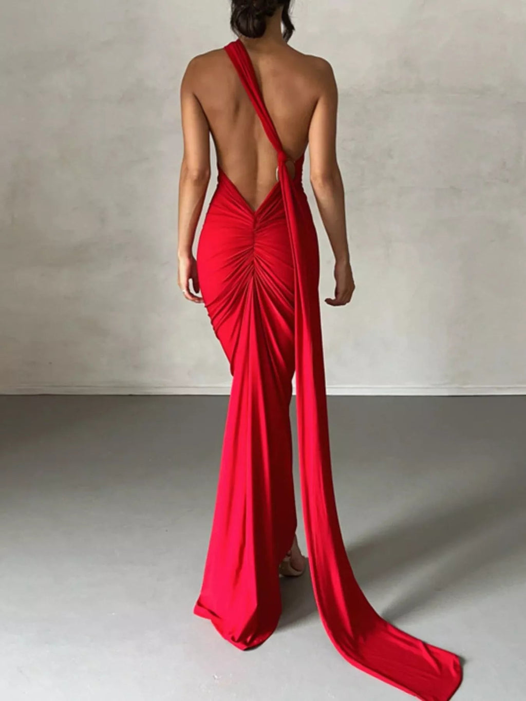 Backless One-Shoulder Ruched Bodycon Maxi Dress.