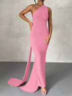 Backless One - Shoulder Ruched Bodycon Maxi Dress