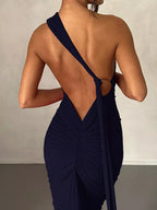Backless One - Shoulder Ruched Bodycon Maxi Dress
