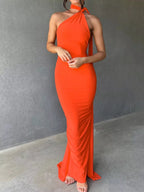 Backless One-Shoulder Ruched Bodycon Maxi Dress.