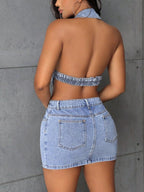 Backless Sleeveless Button Front Denim Mini Dress.