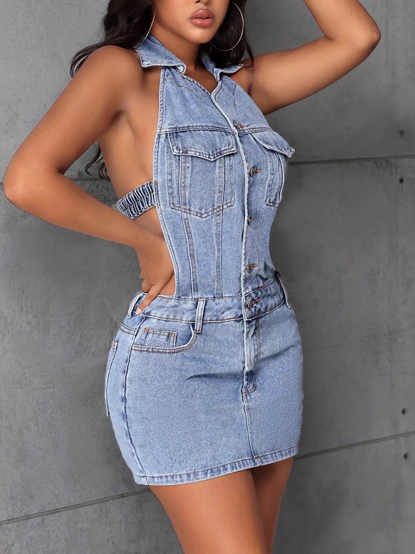 Backless Sleeveless Button Front Denim Mini Dress.
