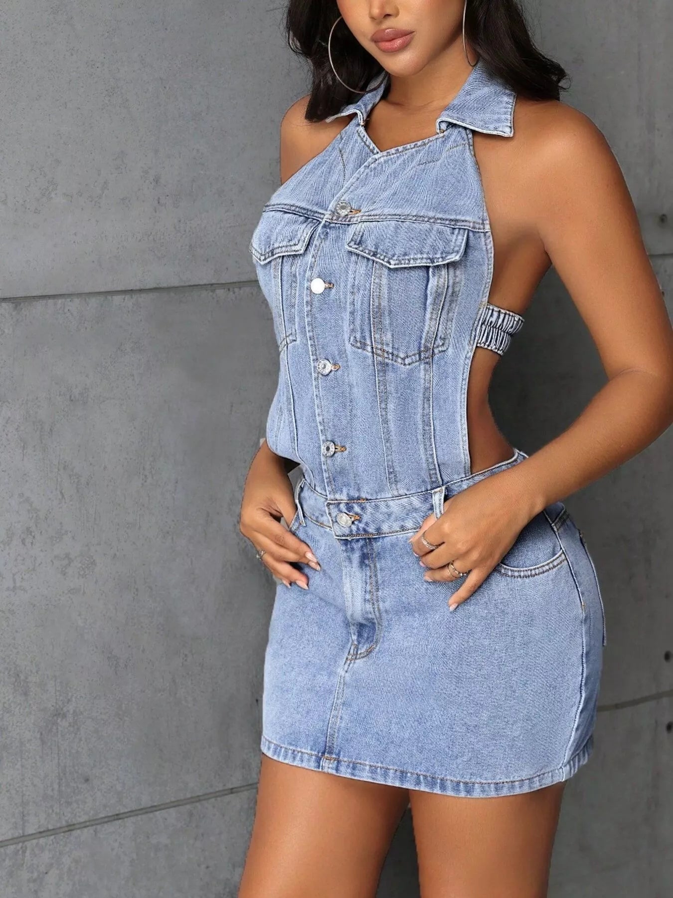 Backless Sleeveless Button Front Denim Mini Dress.