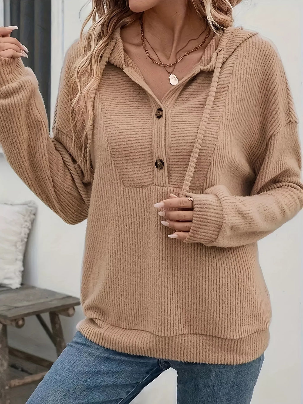 Button-Front Drawstring Hoodie.