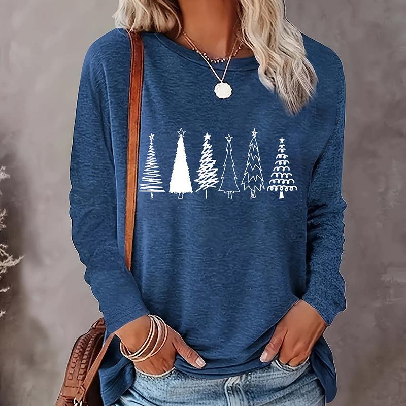 Christmas Shirts For Women, Cute Christmas Tree Graphic Long Sleeve T-Shirt, Funny Holiday Xmas Top For Party, Family Matching PJ Outfit.