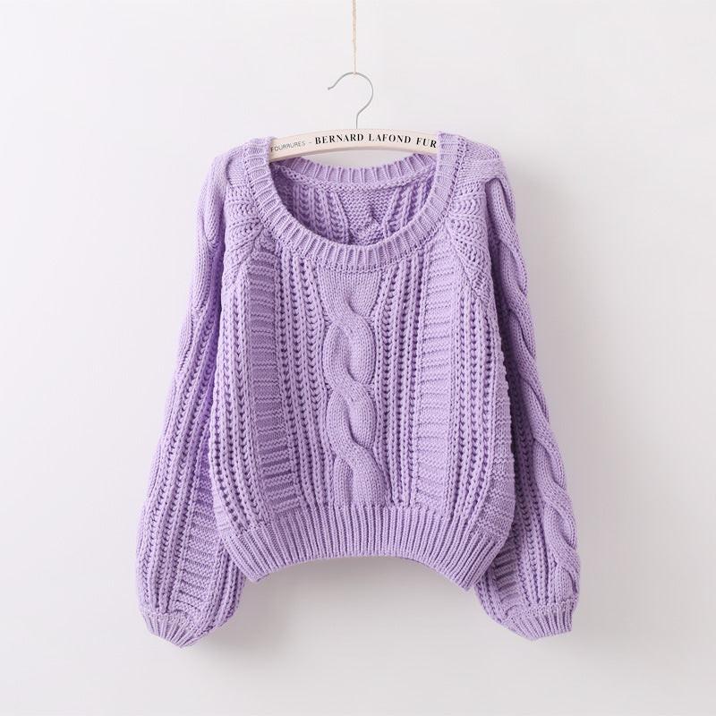 Pullover Loose Thick Line Short Puff Sleeve Sweater.